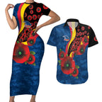 Adelaide Crows ANZAC Personalised Couples Matching Short Sleeve Bodycon Dress and Hawaiian Shirt Lest We Forget Poppy Camo