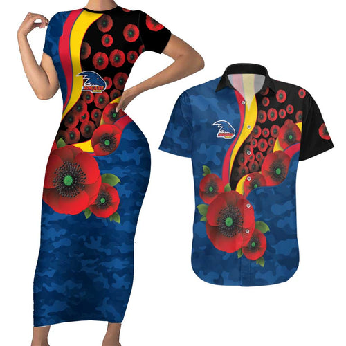 Adelaide Crows ANZAC Personalised Couples Matching Short Sleeve Bodycon Dress and Hawaiian Shirt Lest We Forget Poppy Camo