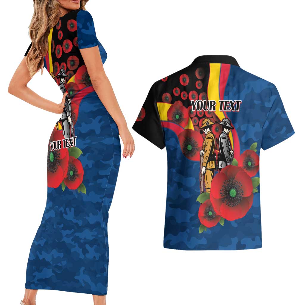 Adelaide Crows ANZAC Personalised Couples Matching Short Sleeve Bodycon Dress and Hawaiian Shirt Lest We Forget Poppy Camo