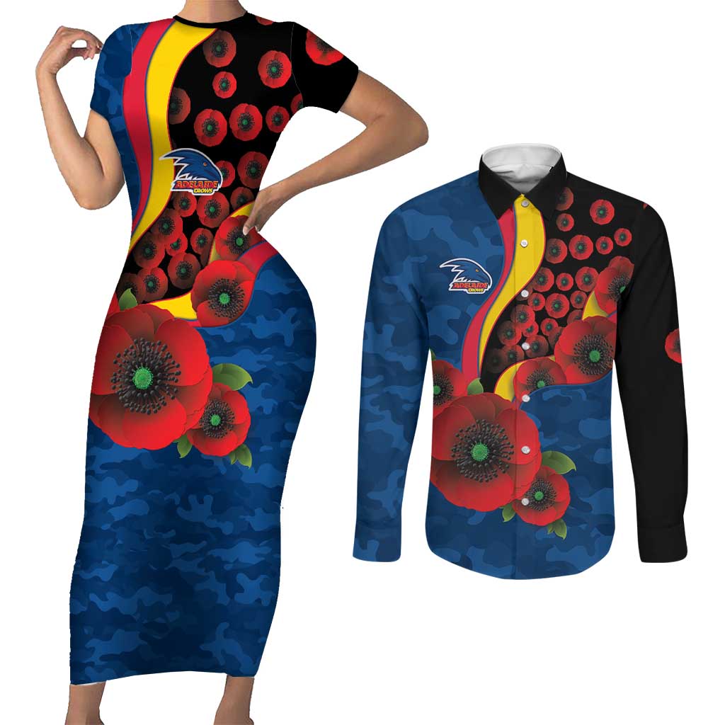 Adelaide Crows ANZAC Personalised Couples Matching Short Sleeve Bodycon Dress and Long Sleeve Button Shirt Lest We Forget Poppy Camo