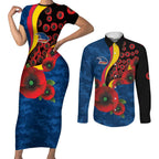 Adelaide Crows ANZAC Personalised Couples Matching Short Sleeve Bodycon Dress and Long Sleeve Button Shirt Lest We Forget Poppy Camo