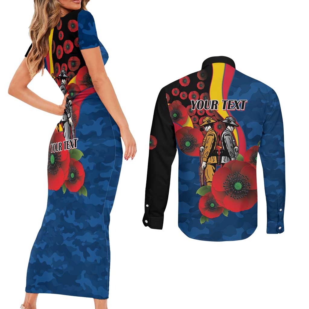 Adelaide Crows ANZAC Personalised Couples Matching Short Sleeve Bodycon Dress and Long Sleeve Button Shirt Lest We Forget Poppy Camo