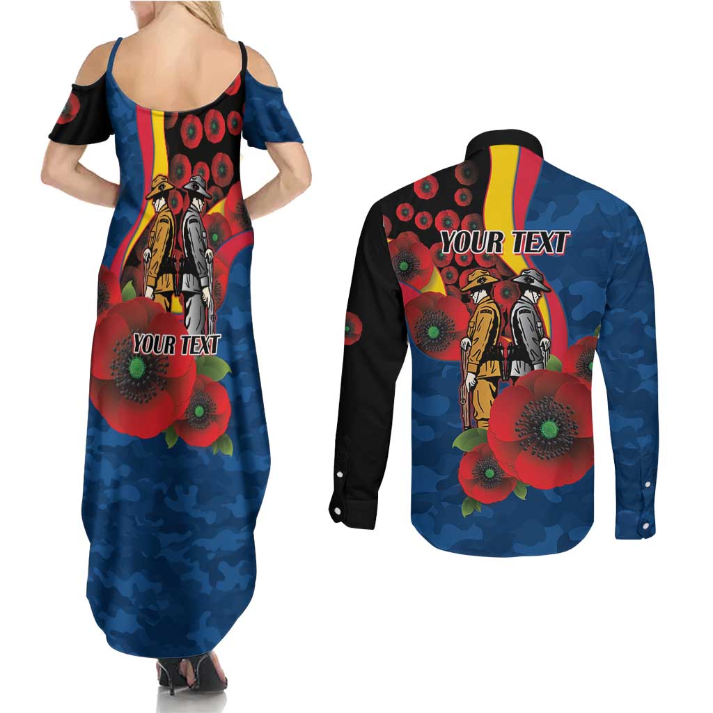 Adelaide Crows ANZAC Personalised Couples Matching Summer Maxi Dress and Long Sleeve Button Shirt Lest We Forget Poppy Camo