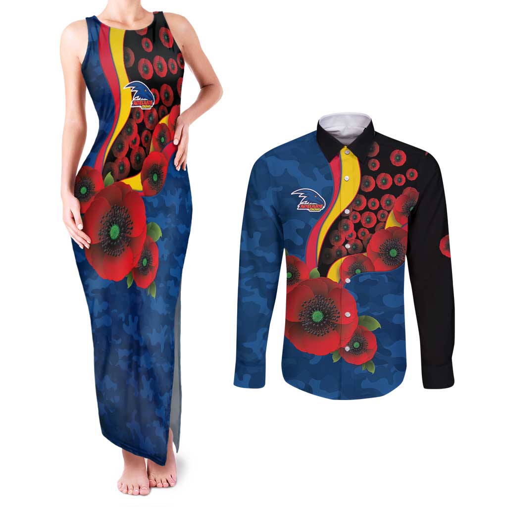 Adelaide Crows ANZAC Personalised Couples Matching Tank Maxi Dress and Long Sleeve Button Shirt Lest We Forget Poppy Camo
