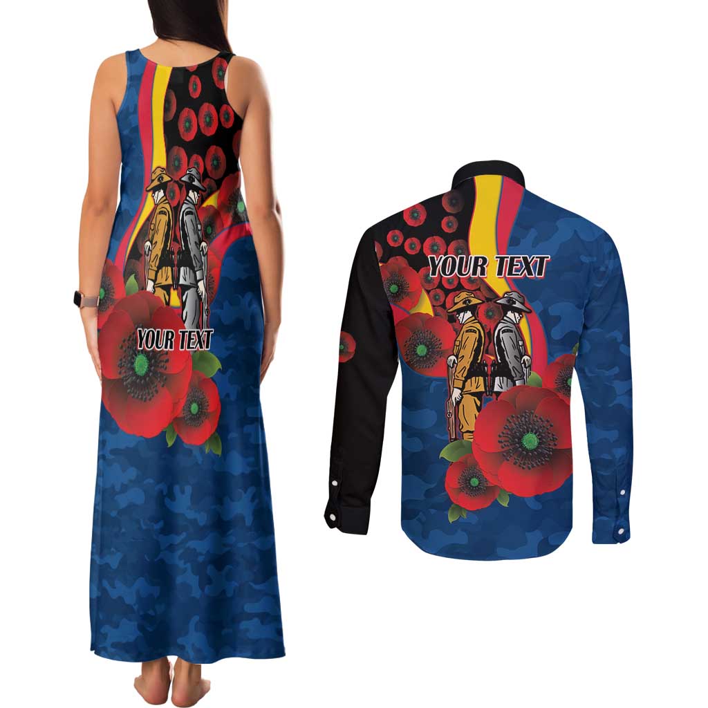 Adelaide Crows ANZAC Personalised Couples Matching Tank Maxi Dress and Long Sleeve Button Shirt Lest We Forget Poppy Camo
