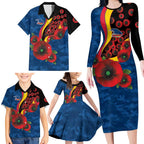 Adelaide Crows ANZAC Personalised Family Matching Long Sleeve Bodycon Dress and Hawaiian Shirt Lest We Forget Poppy Camo