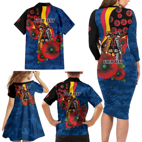 Adelaide Crows ANZAC Personalised Family Matching Long Sleeve Bodycon Dress and Hawaiian Shirt Lest We Forget Poppy Camo