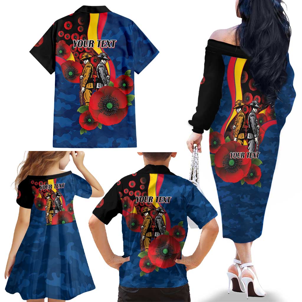 Adelaide Crows ANZAC Personalised Family Matching Off The Shoulder Long Sleeve Dress and Hawaiian Shirt Lest We Forget Poppy Camo