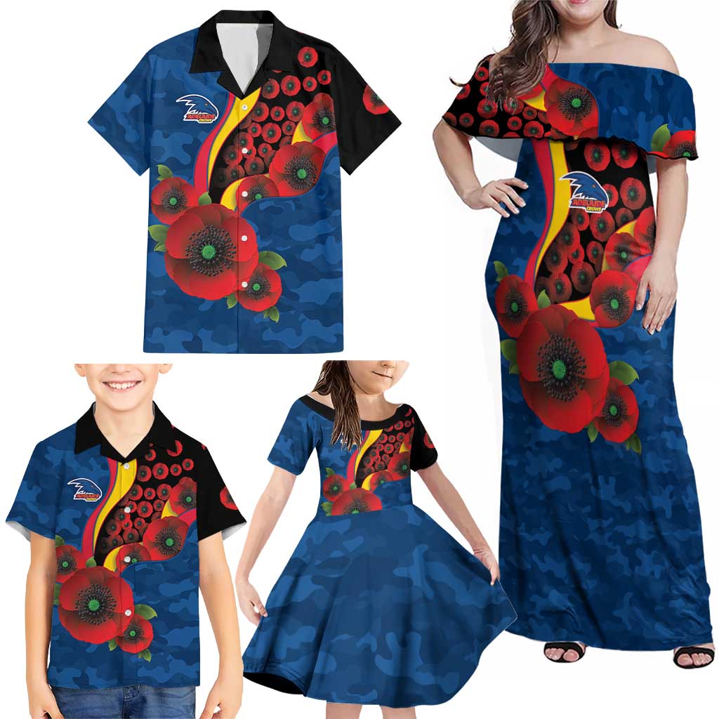 Adelaide Crows ANZAC Personalised Family Matching Off Shoulder Maxi Dress and Hawaiian Shirt Lest We Forget Poppy Camo