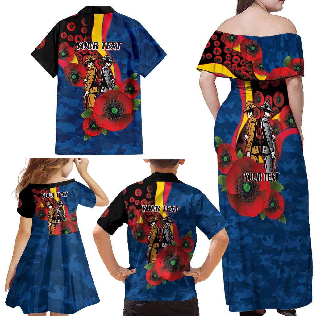 Adelaide Crows ANZAC Personalised Family Matching Off Shoulder Maxi Dress and Hawaiian Shirt Lest We Forget Poppy Camo