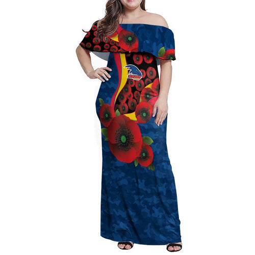 Adelaide Crows ANZAC Personalised Family Matching Off Shoulder Maxi Dress and Hawaiian Shirt Lest We Forget Poppy Camo