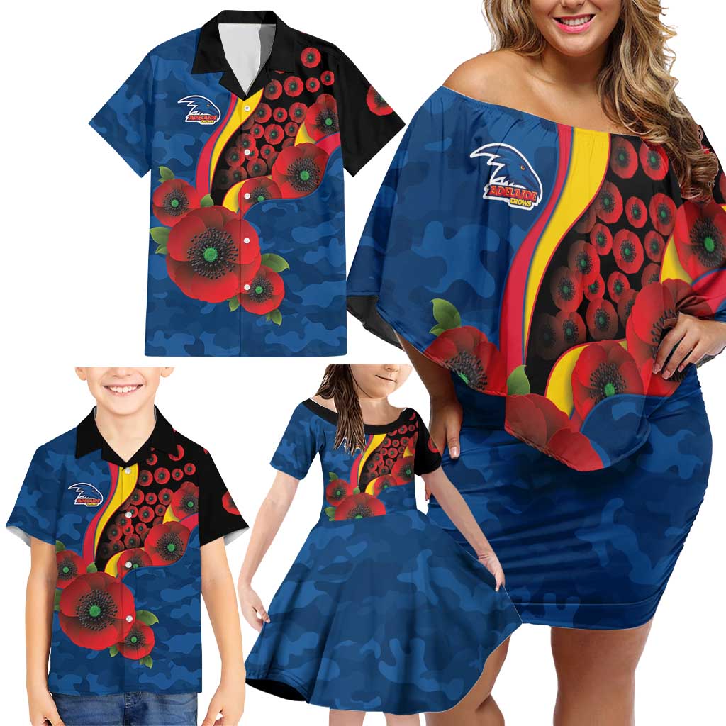Adelaide Crows ANZAC Personalised Family Matching Off Shoulder Short Dress and Hawaiian Shirt Lest We Forget Poppy Camo