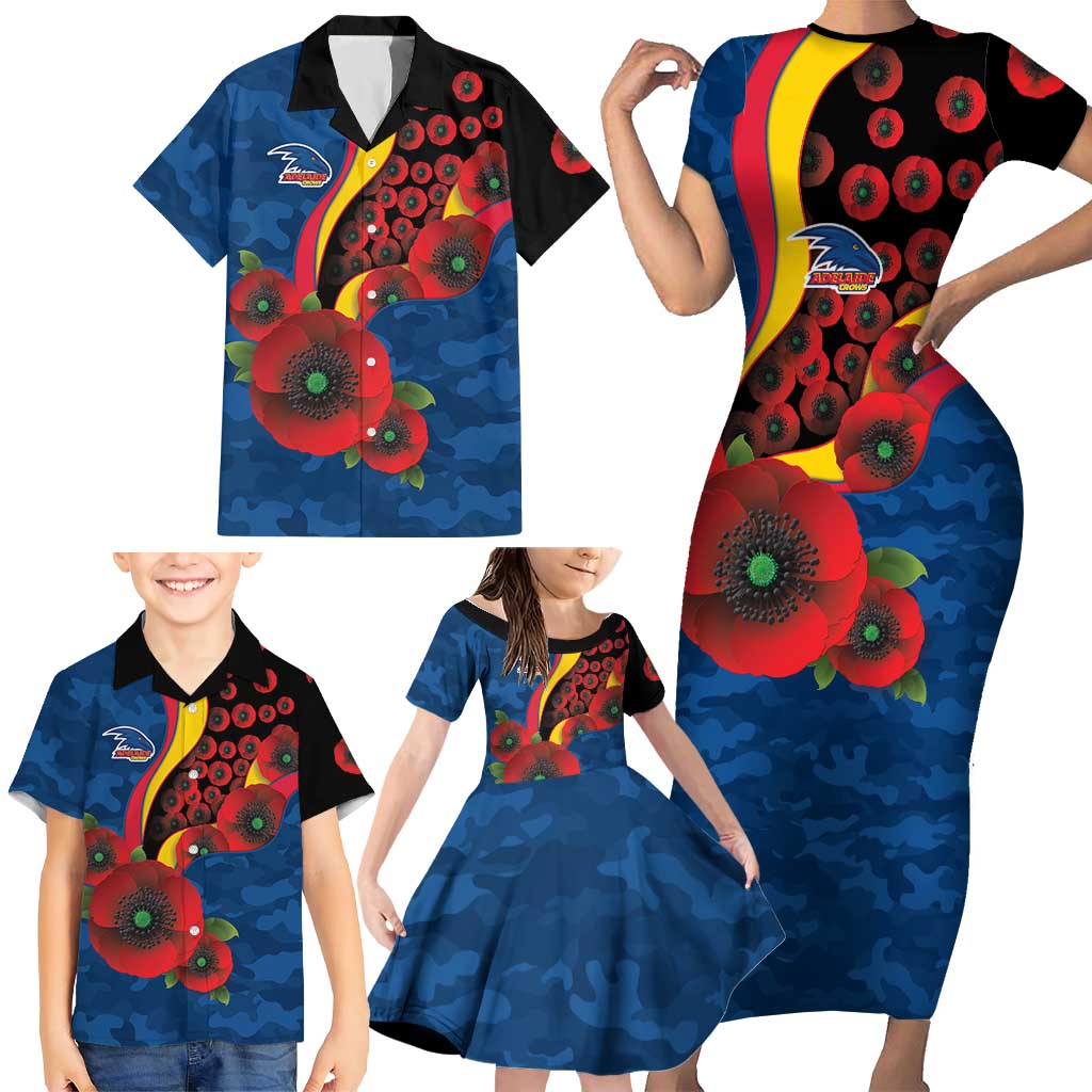 Adelaide Crows ANZAC Personalised Family Matching Short Sleeve Bodycon Dress and Hawaiian Shirt Lest We Forget Poppy Camo