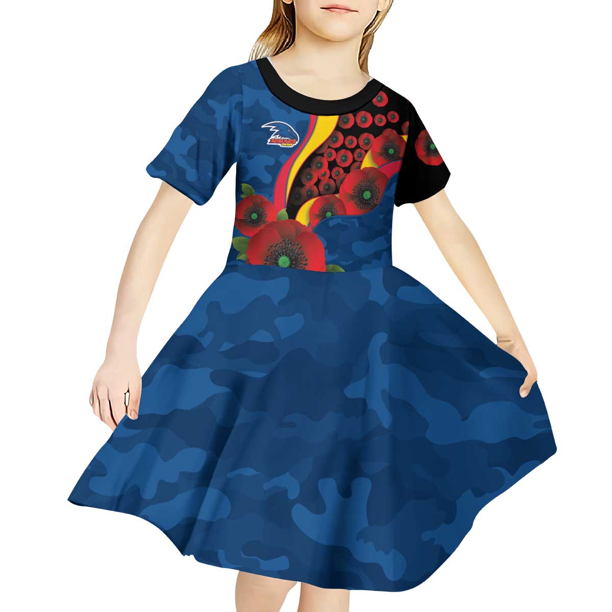 Adelaide Crows ANZAC Personalised Kid Short Sleeve Dress Lest We Forget Poppy Camo