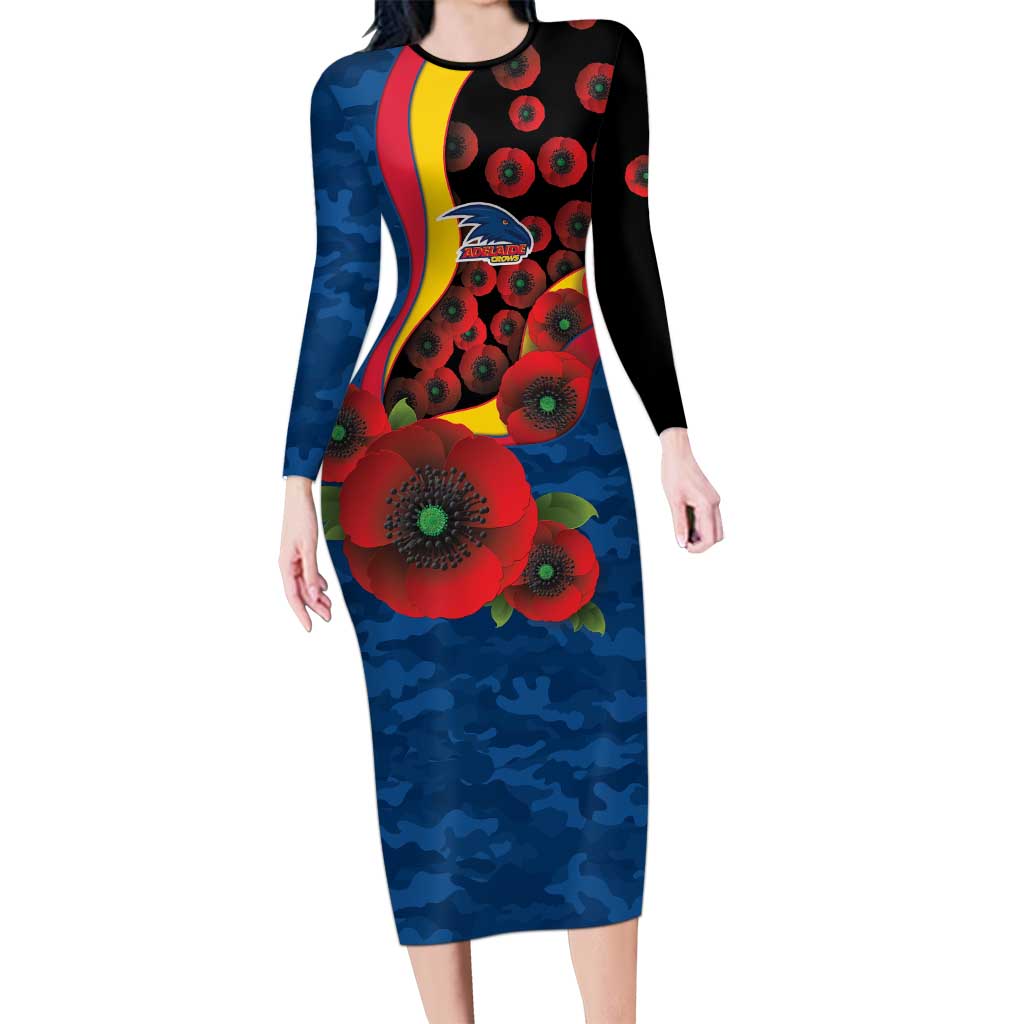 Adelaide Crows ANZAC Personalised Long Sleeve Bodycon Dress Lest We Forget Poppy Camo