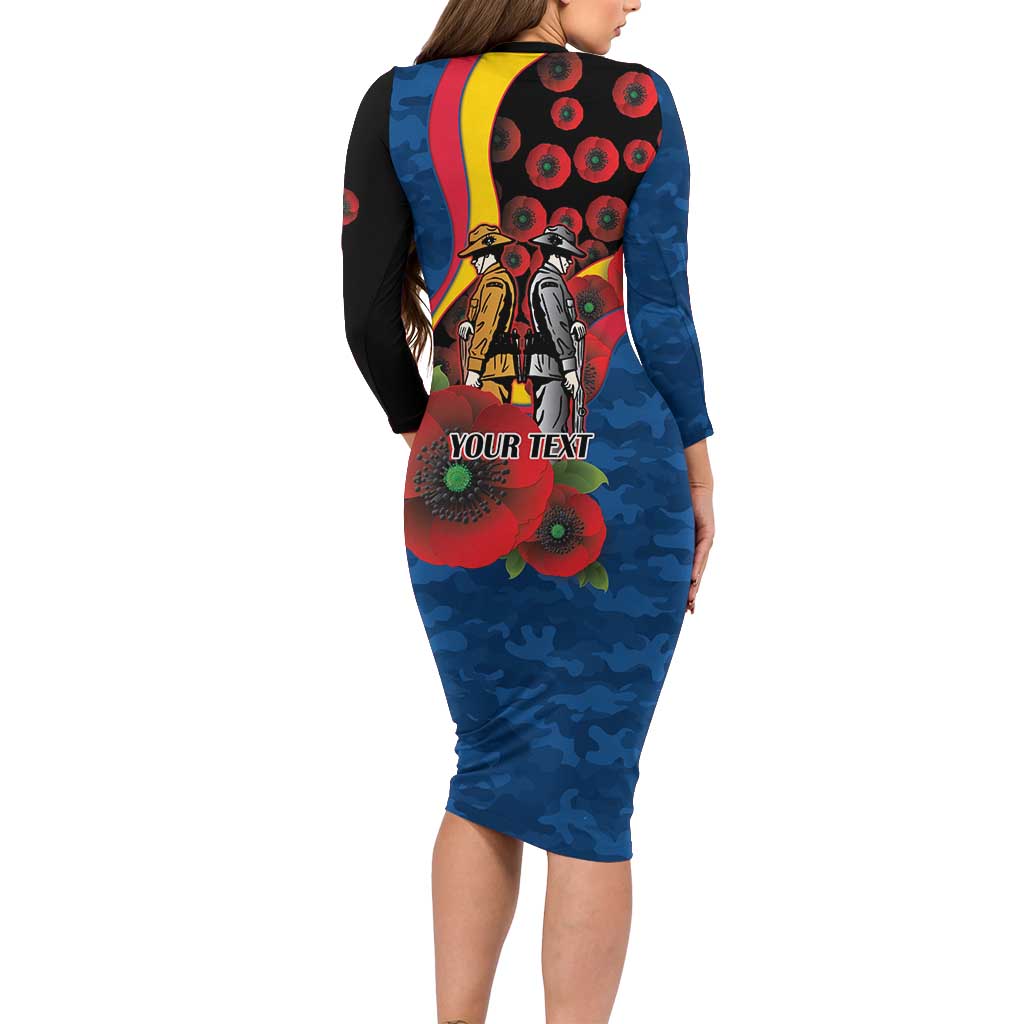 Adelaide Crows ANZAC Personalised Long Sleeve Bodycon Dress Lest We Forget Poppy Camo