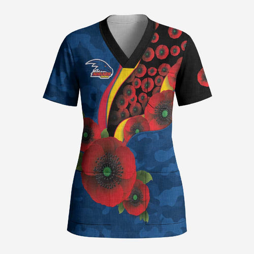 Adelaide Crows ANZAC Personalised Scrub Top Lest We Forget Poppy Camo
