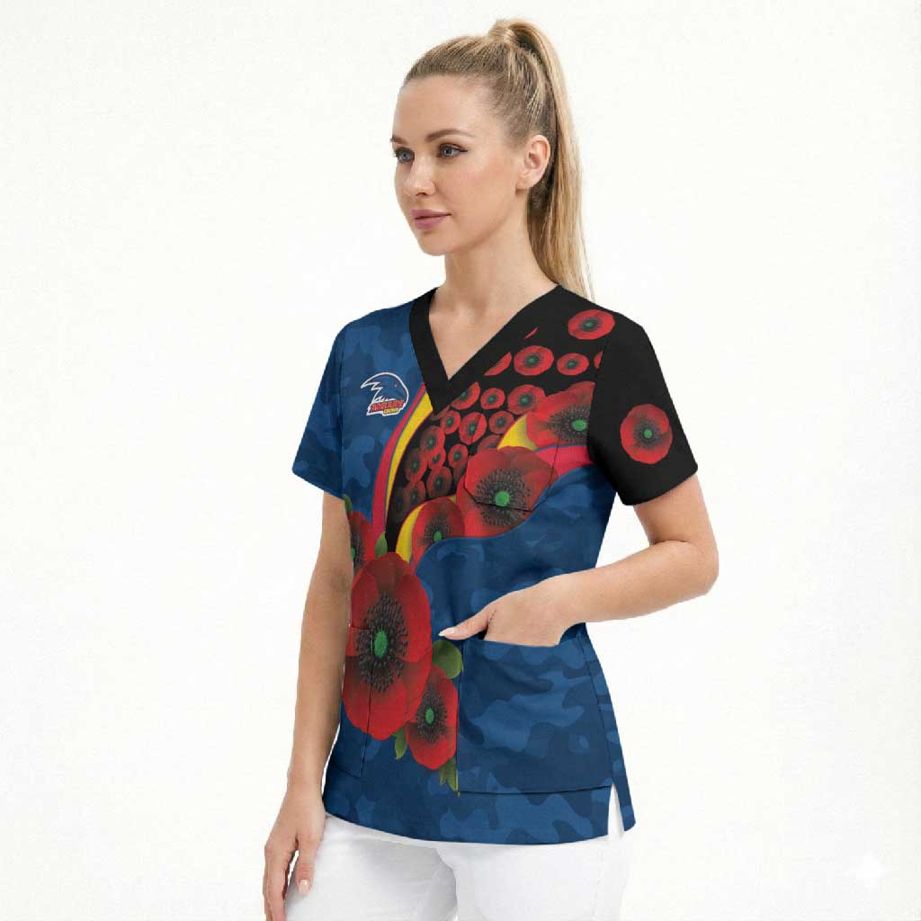 Adelaide Crows ANZAC Personalised Scrub Top Lest We Forget Poppy Camo
