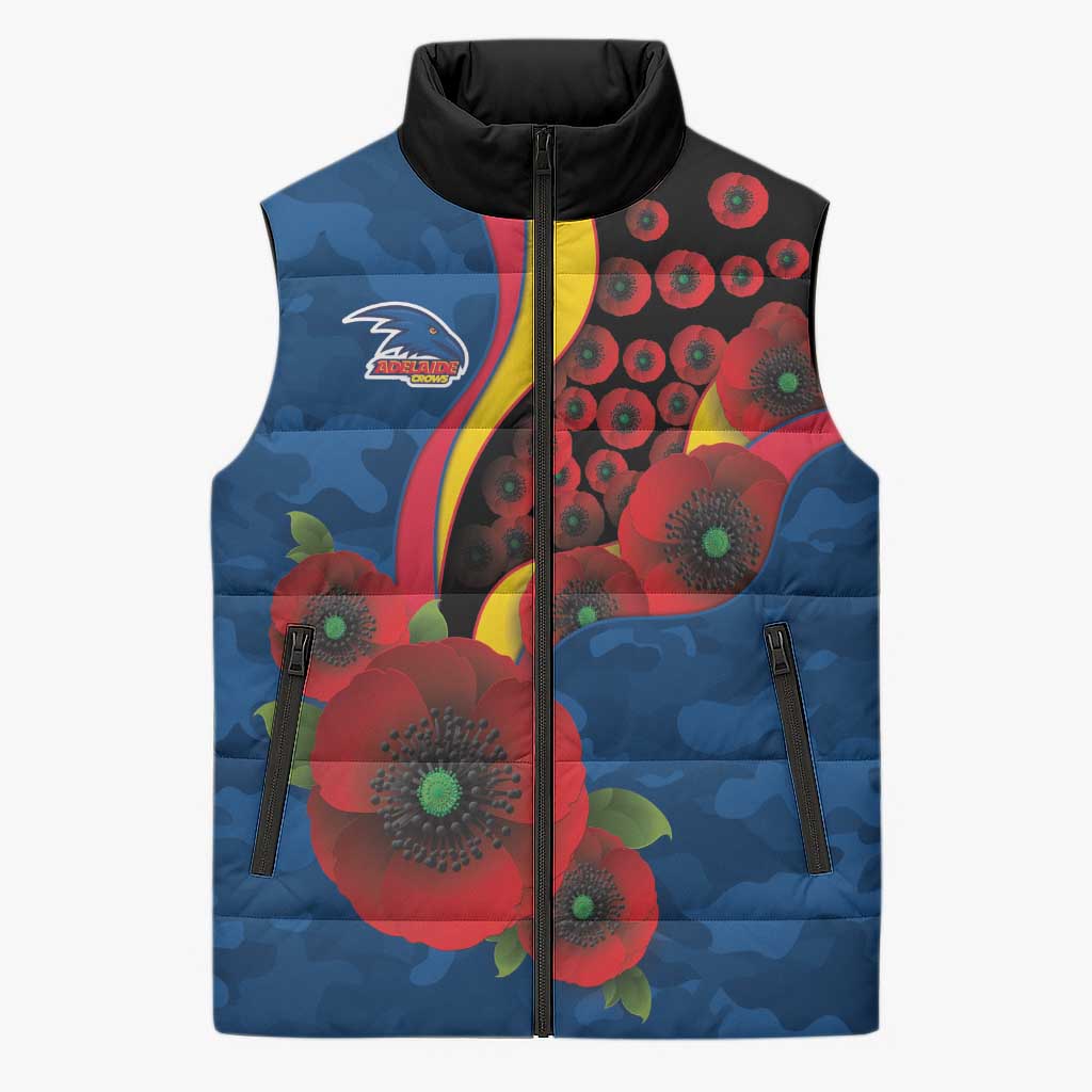 Adelaide Crows ANZAC Personalised Sleeveless Puffer Jacket Lest We Forget Poppy Camo