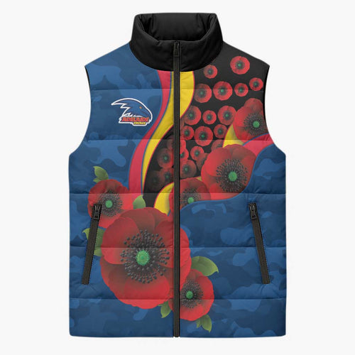 Adelaide Crows ANZAC Personalised Sleeveless Puffer Jacket Lest We Forget Poppy Camo