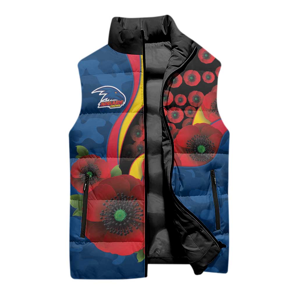 Adelaide Crows ANZAC Personalised Sleeveless Puffer Jacket Lest We Forget Poppy Camo