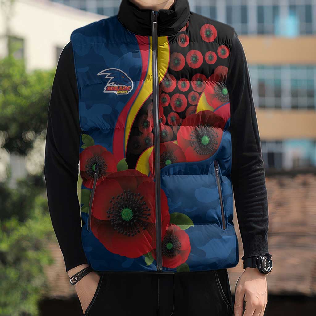 Adelaide Crows ANZAC Personalised Sleeveless Puffer Jacket Lest We Forget Poppy Camo