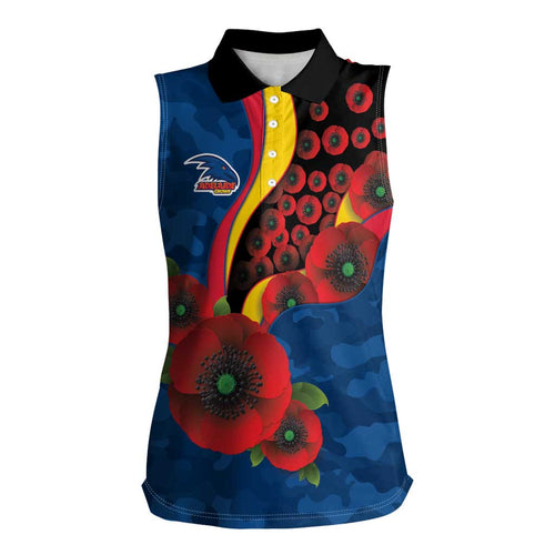 Adelaide Crows ANZAC Personalised Women Sleeveless Polo Shirt Lest We Forget Poppy Camo