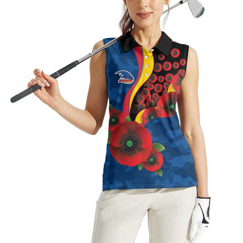 Adelaide Crows ANZAC Personalised Women Sleeveless Polo Shirt Lest We Forget Poppy Camo