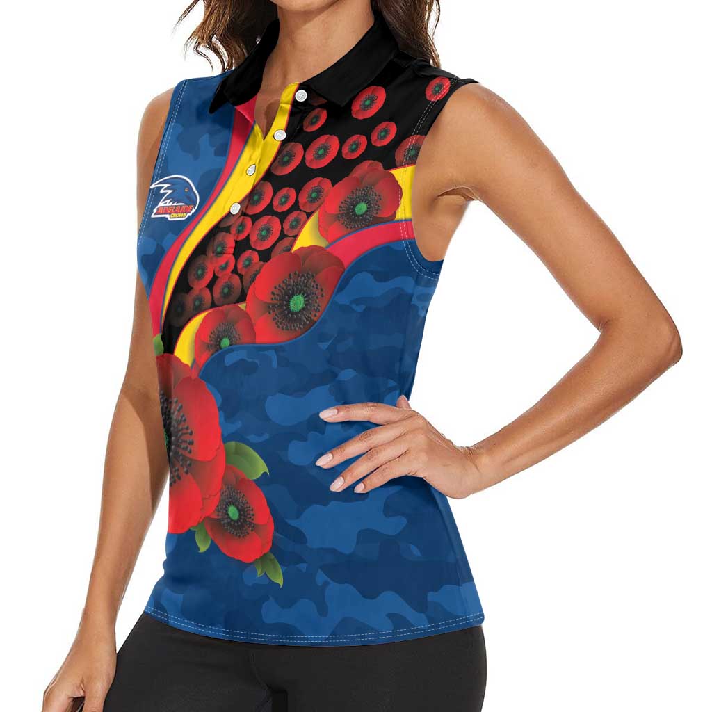 Adelaide Crows ANZAC Personalised Women Sleeveless Polo Shirt Lest We Forget Poppy Camo