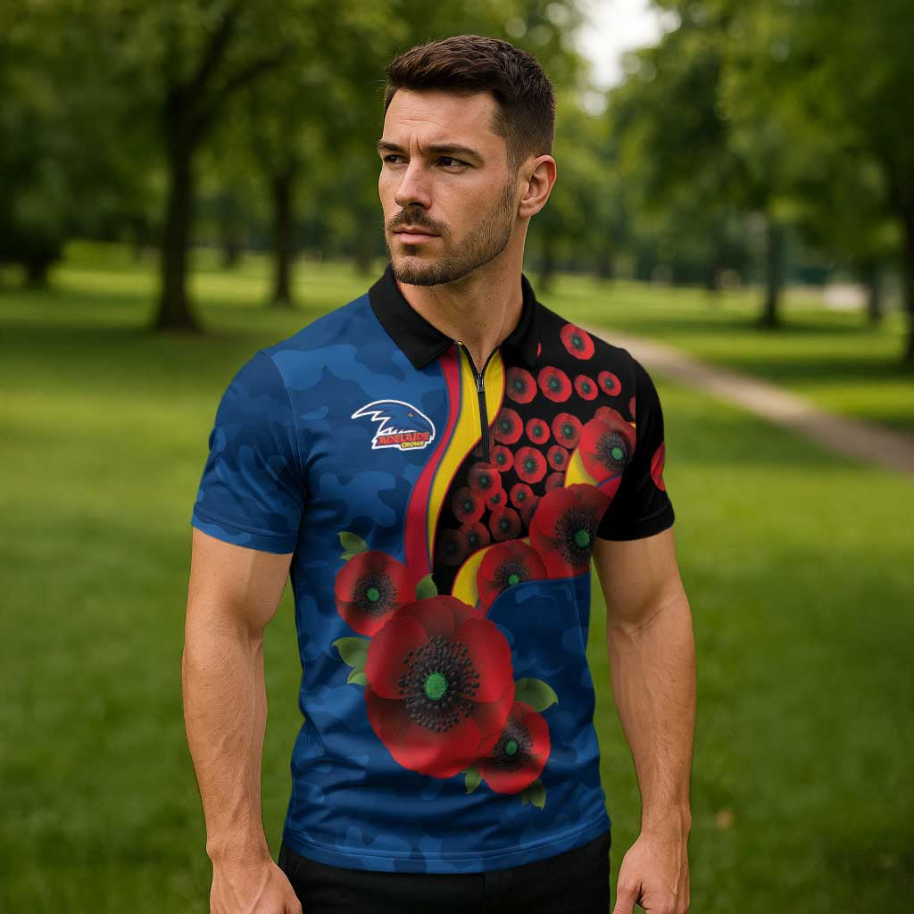 Adelaide Crows ANZAC Personalised Zipper Polo Shirt Lest We Forget Poppy Camo