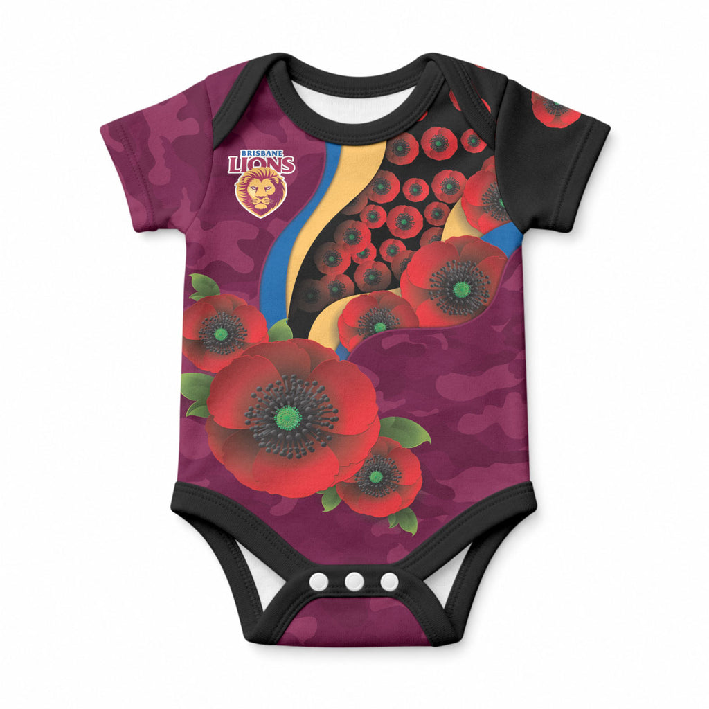 Brisbane Lions ANZAC Personalised Baby Onesie Lest We Forget Poppy Camo