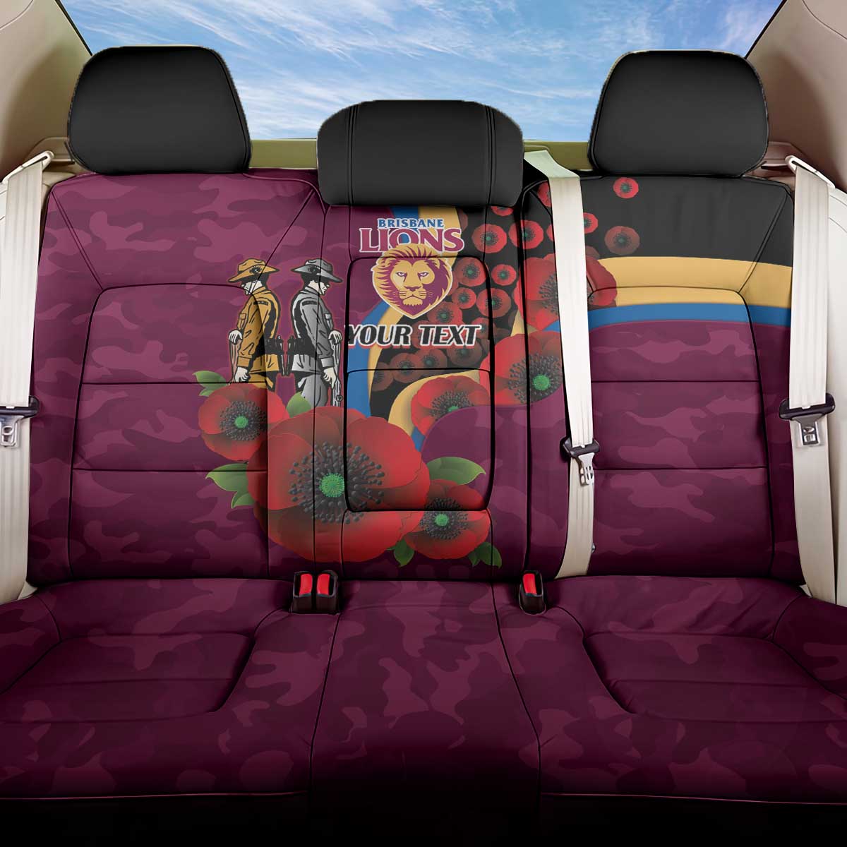 Brisbane Lions ANZAC Personalised Back Car Seat Cover Lest We Forget Poppy Camo