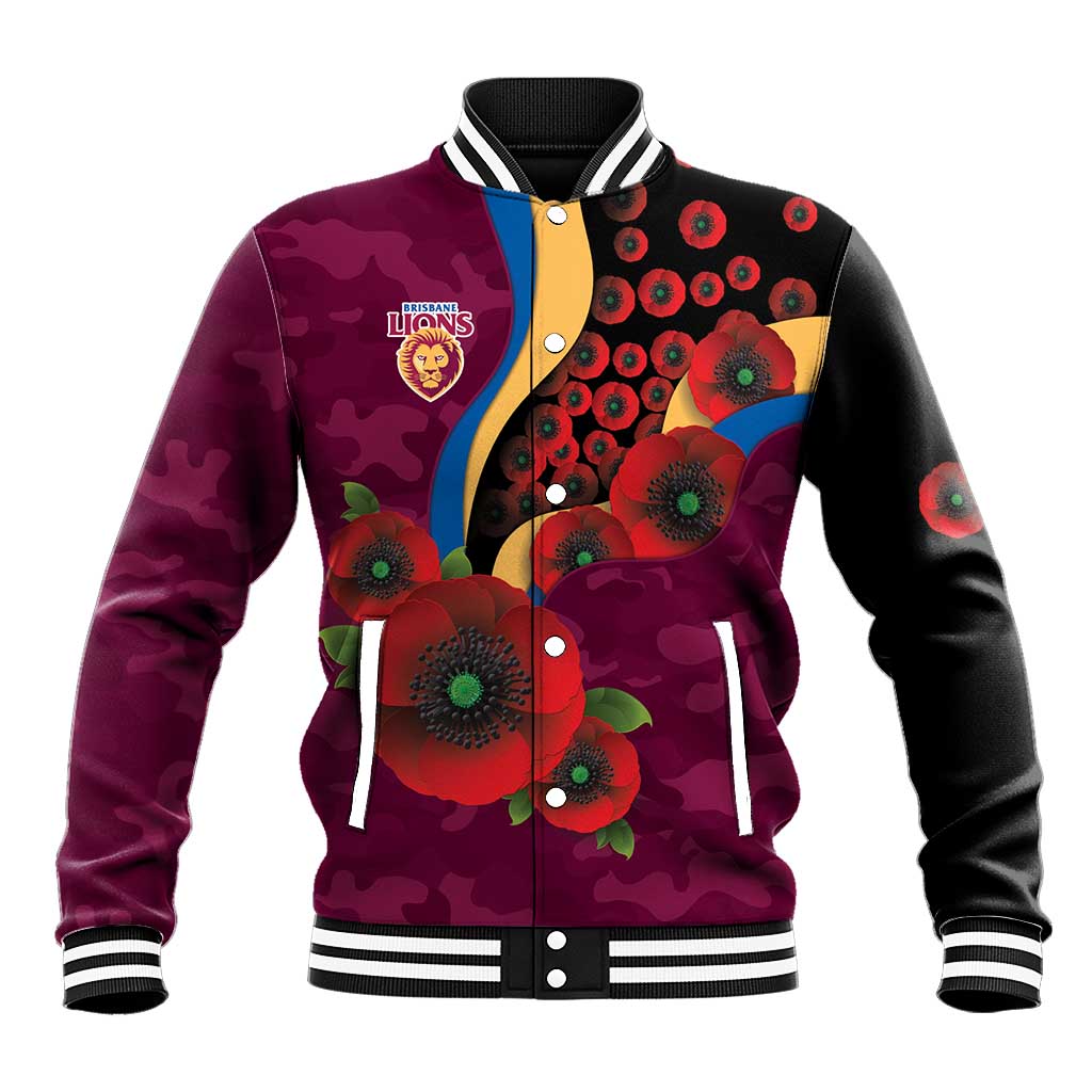 Brisbane Lions ANZAC Personalised Baseball Jacket Lest We Forget Poppy Camo