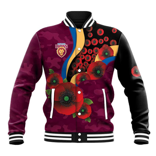 Brisbane Lions ANZAC Personalised Baseball Jacket Lest We Forget Poppy Camo