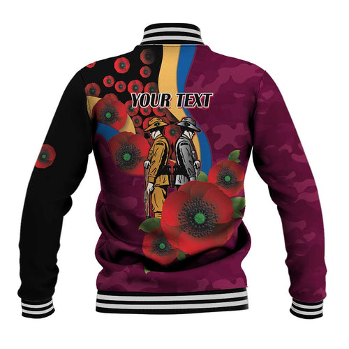 Brisbane Lions ANZAC Personalised Baseball Jacket Lest We Forget Poppy Camo
