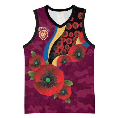Brisbane Lions ANZAC Personalised Basketball Jersey Lest We Forget Poppy Camo