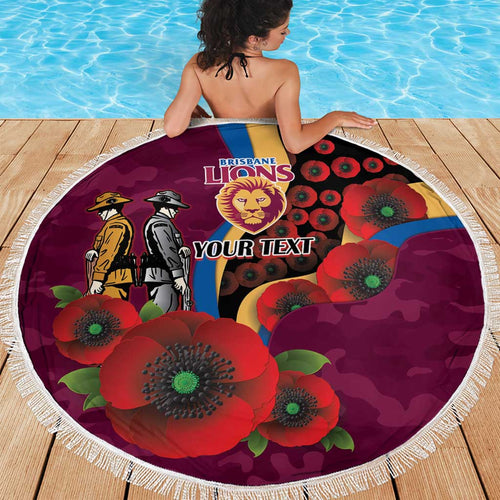 Brisbane Lions ANZAC Personalised Beach Blanket Lest We Forget Poppy Camo