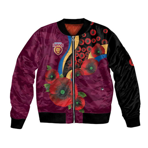 Brisbane Lions ANZAC Personalised Bomber Jacket Lest We Forget Poppy Camo