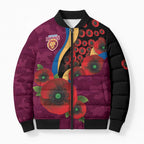 Brisbane Lions ANZAC Personalised Bomber Puffer Jacket Lest We Forget Poppy Camo