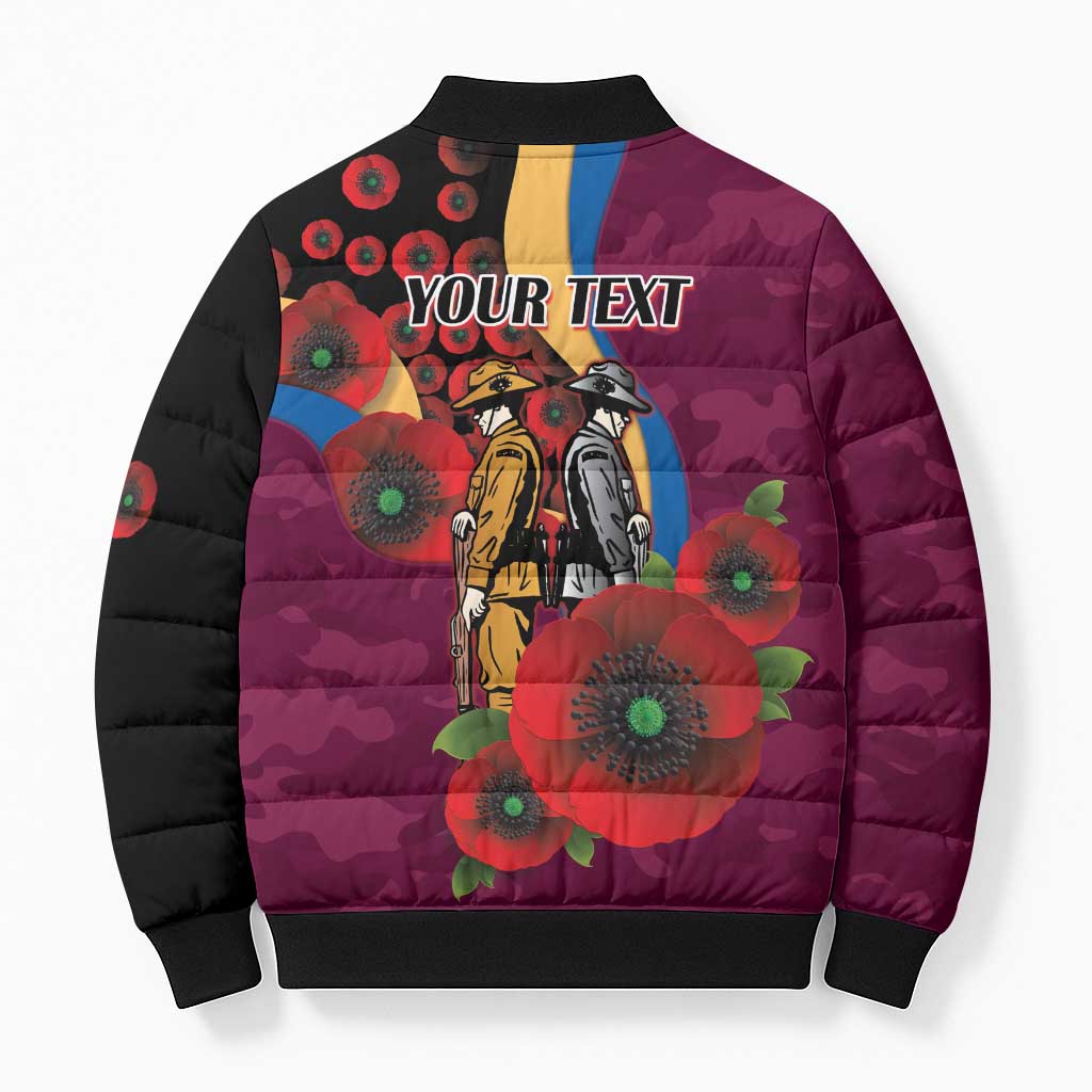 Brisbane Lions ANZAC Personalised Bomber Puffer Jacket Lest We Forget Poppy Camo