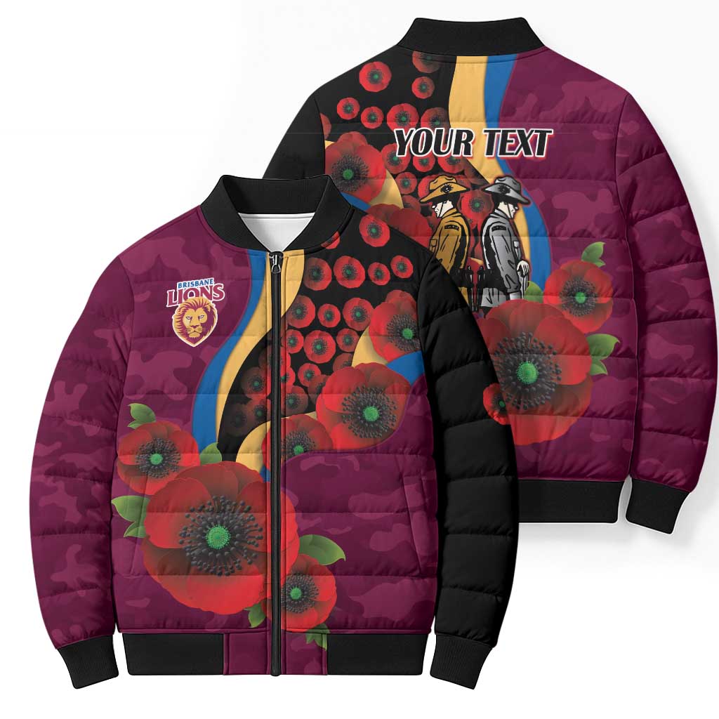 Brisbane Lions ANZAC Personalised Bomber Puffer Jacket Lest We Forget Poppy Camo