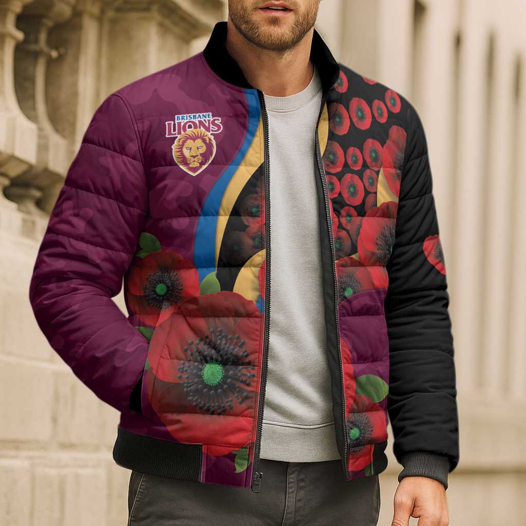 Brisbane Lions ANZAC Personalised Bomber Puffer Jacket Lest We Forget Poppy Camo