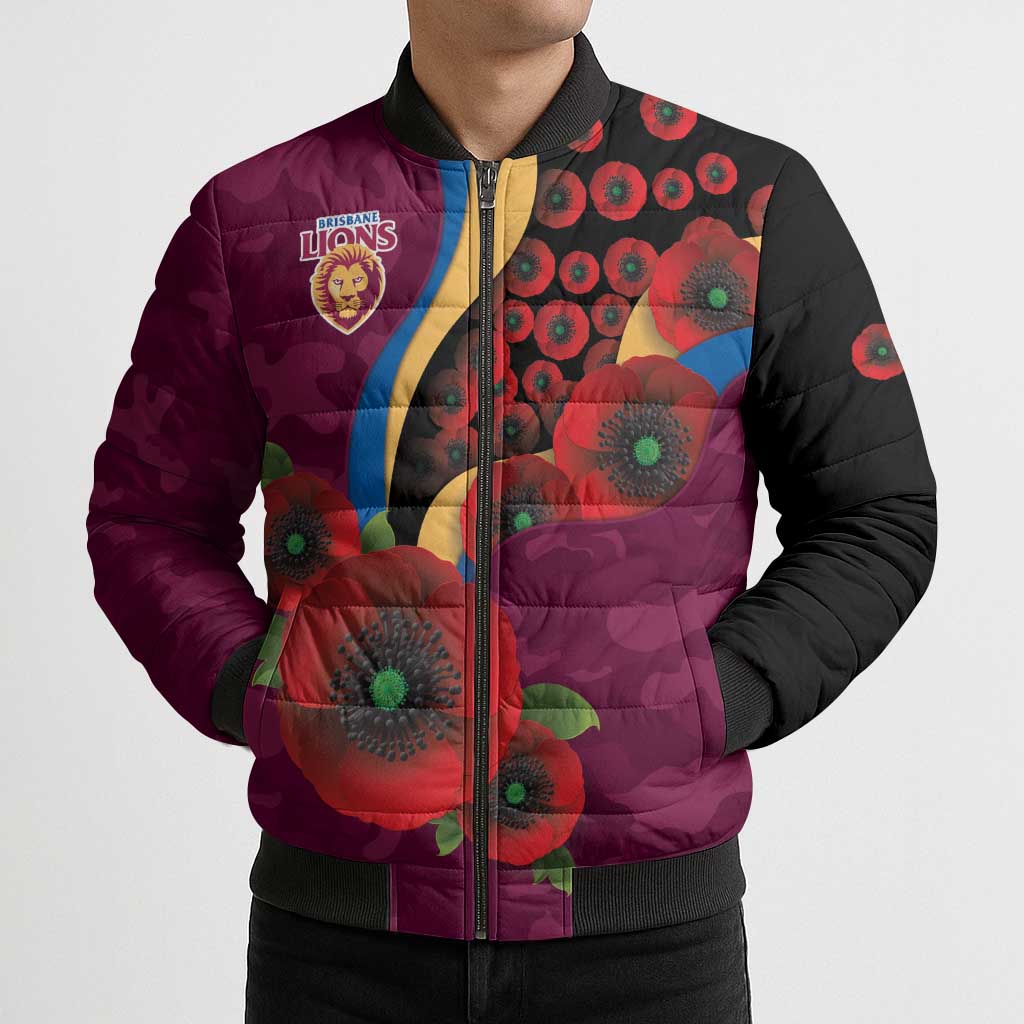 Brisbane Lions ANZAC Personalised Bomber Puffer Jacket Lest We Forget Poppy Camo