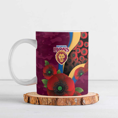 Brisbane Lions ANZAC Personalised Ceramic Mug Lest We Forget Poppy Camo