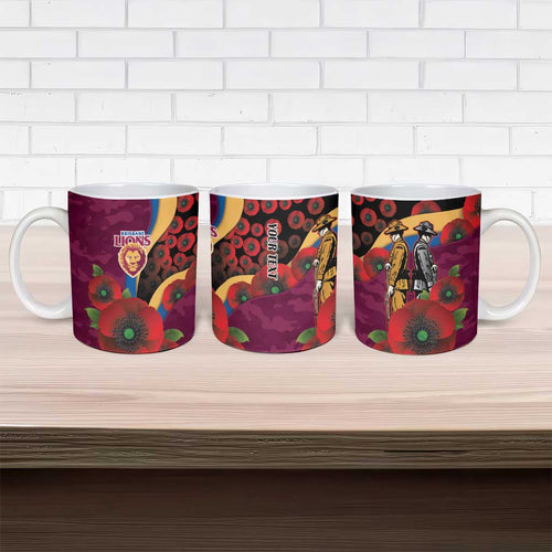 Brisbane Lions ANZAC Personalised Ceramic Mug Lest We Forget Poppy Camo