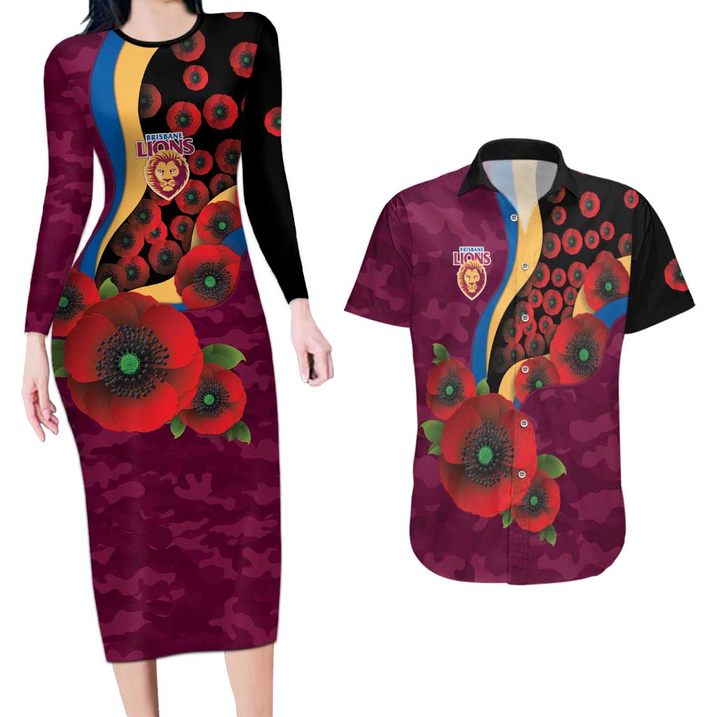 Brisbane Lions ANZAC Personalised Couples Matching Long Sleeve Bodycon Dress and Hawaiian Shirt Lest We Forget Poppy Camo