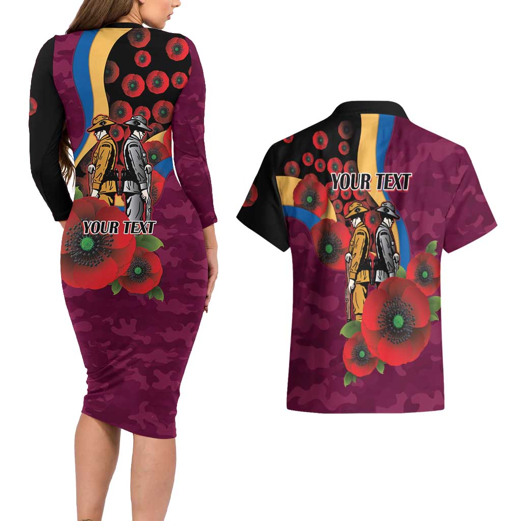 Brisbane Lions ANZAC Personalised Couples Matching Long Sleeve Bodycon Dress and Hawaiian Shirt Lest We Forget Poppy Camo