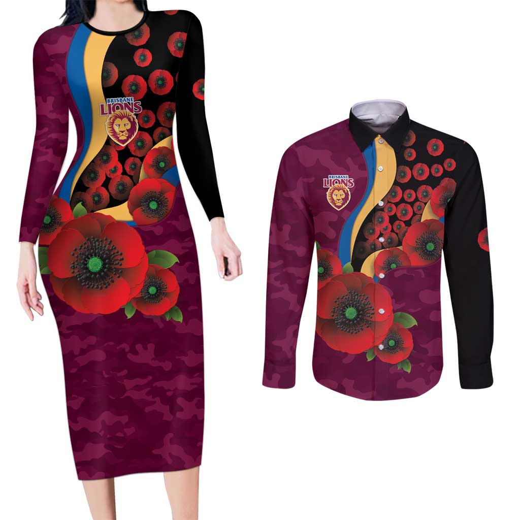 Brisbane Lions ANZAC Personalised Couples Matching Long Sleeve Bodycon Dress and Long Sleeve Button Shirt Lest We Forget Poppy Camo