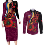 Brisbane Lions ANZAC Personalised Couples Matching Long Sleeve Bodycon Dress and Long Sleeve Button Shirt Lest We Forget Poppy Camo