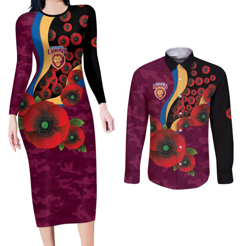 Brisbane Lions ANZAC Personalised Couples Matching Long Sleeve Bodycon Dress and Long Sleeve Button Shirt Lest We Forget Poppy Camo